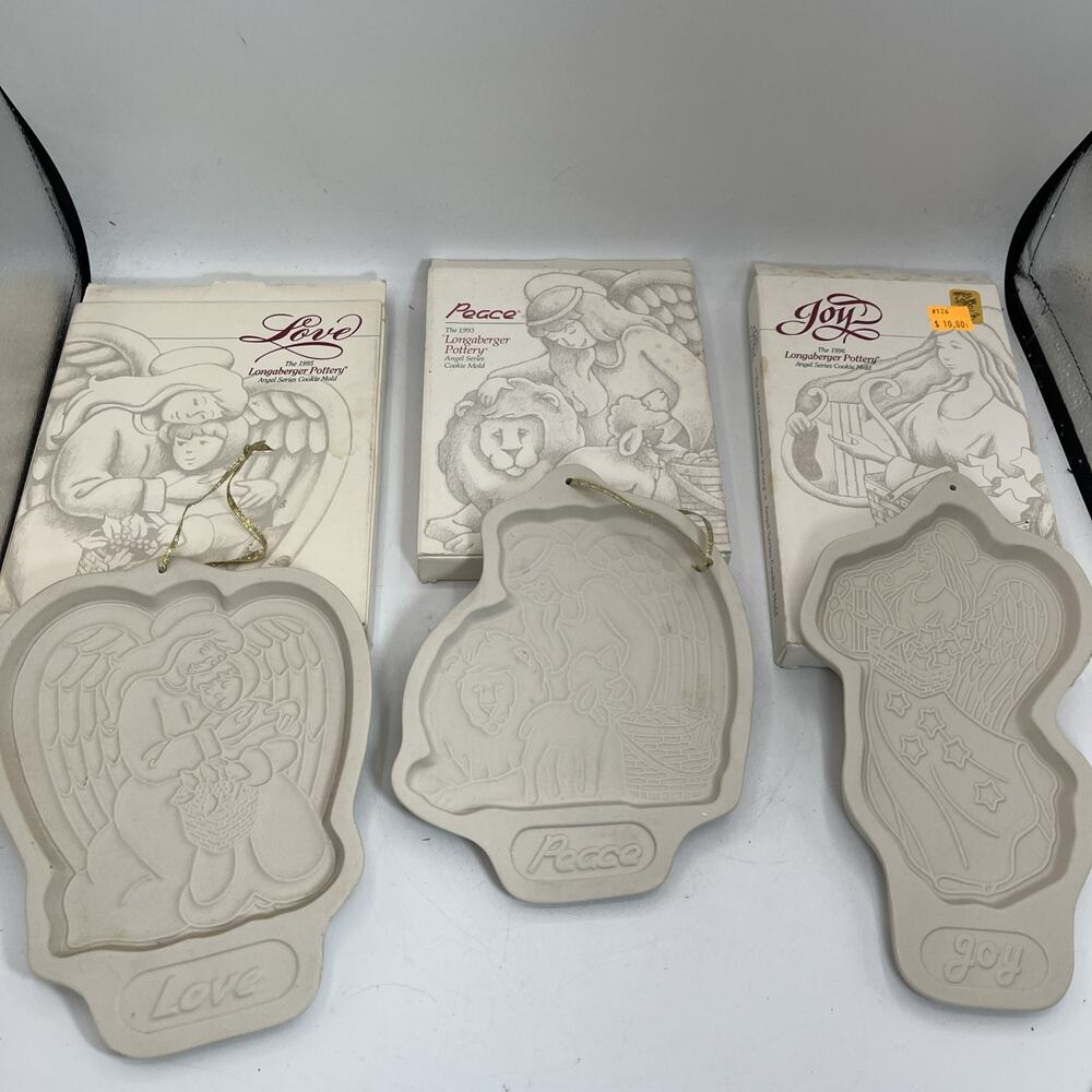 vtg Longaberger Cookie Molds Angel Series Peace Love Joy 1993 Set 3 Stoneware